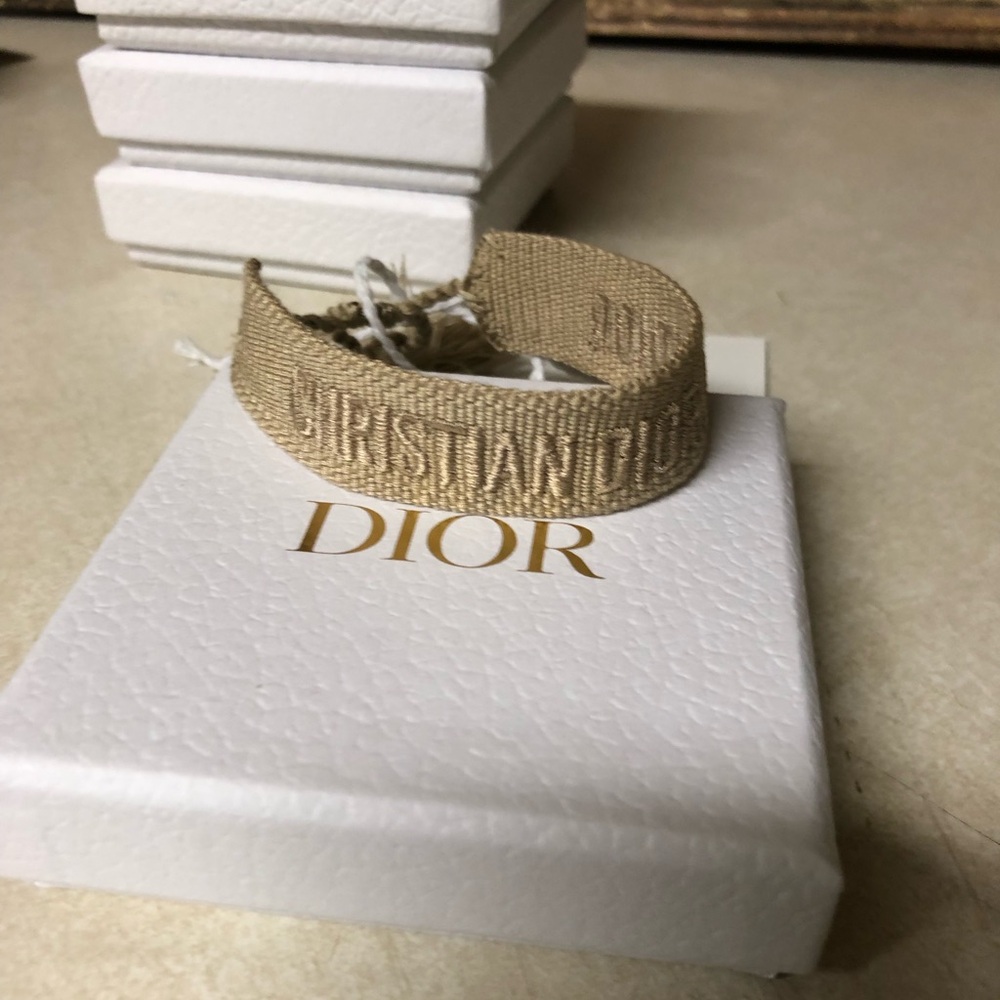 Christian Dior Friendship Bracelet Tan Brown Women Woven Bracelet Embroidered